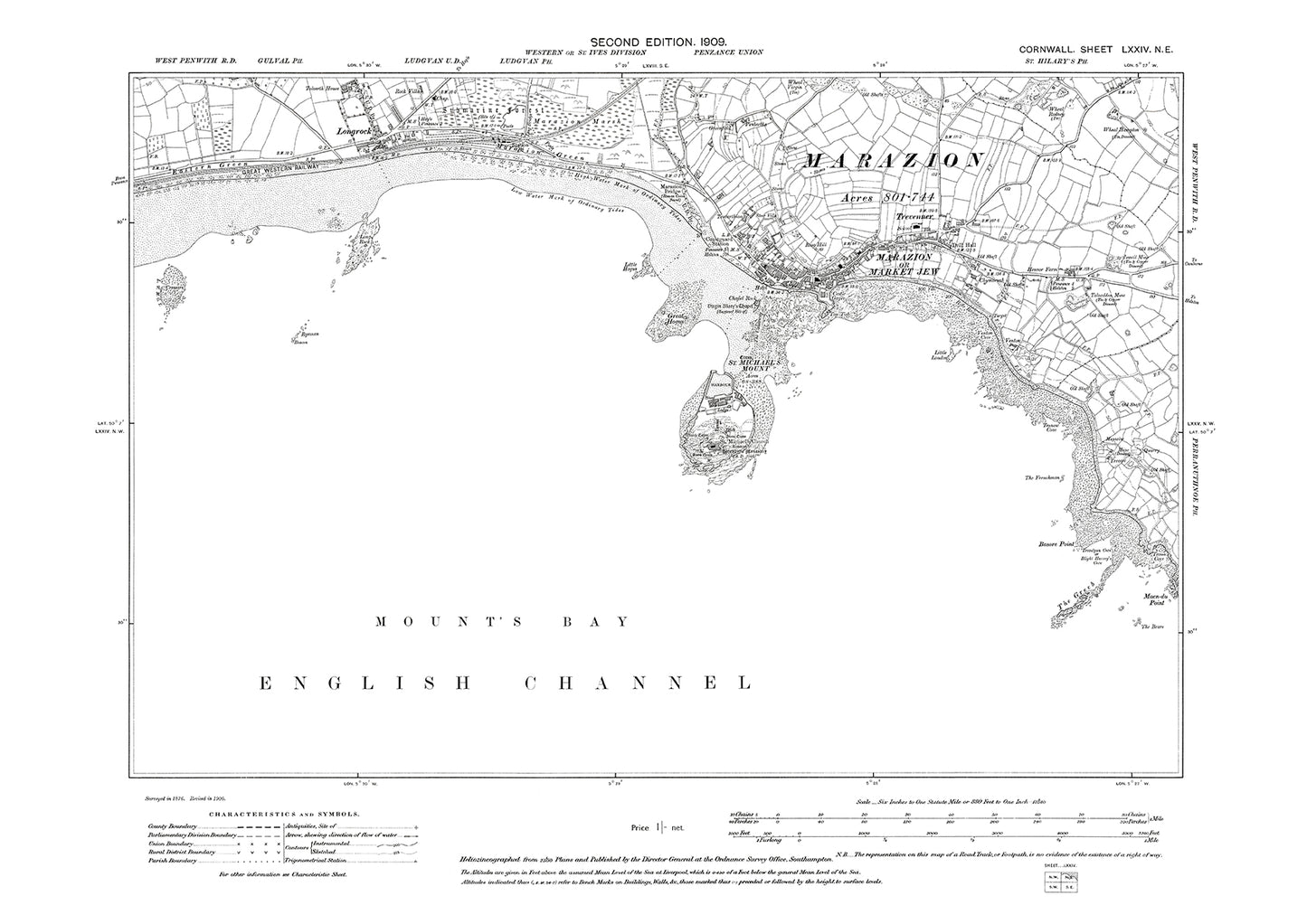 Marazion, Longrock, St Michaels Mount, old map Cornwall 1909: 74NE