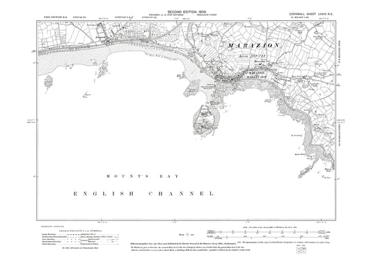 Marazion, Longrock, St Michaels Mount, old map Cornwall 1909: 74NE