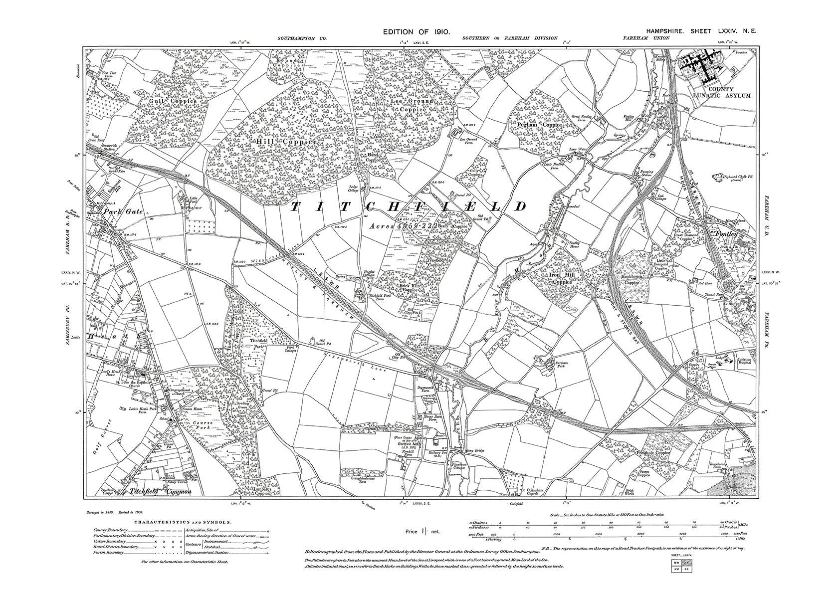 Titchfield Postcode Map Old OS map dated 1910, showing Titchfield (north), Park Gate, Fontley ...