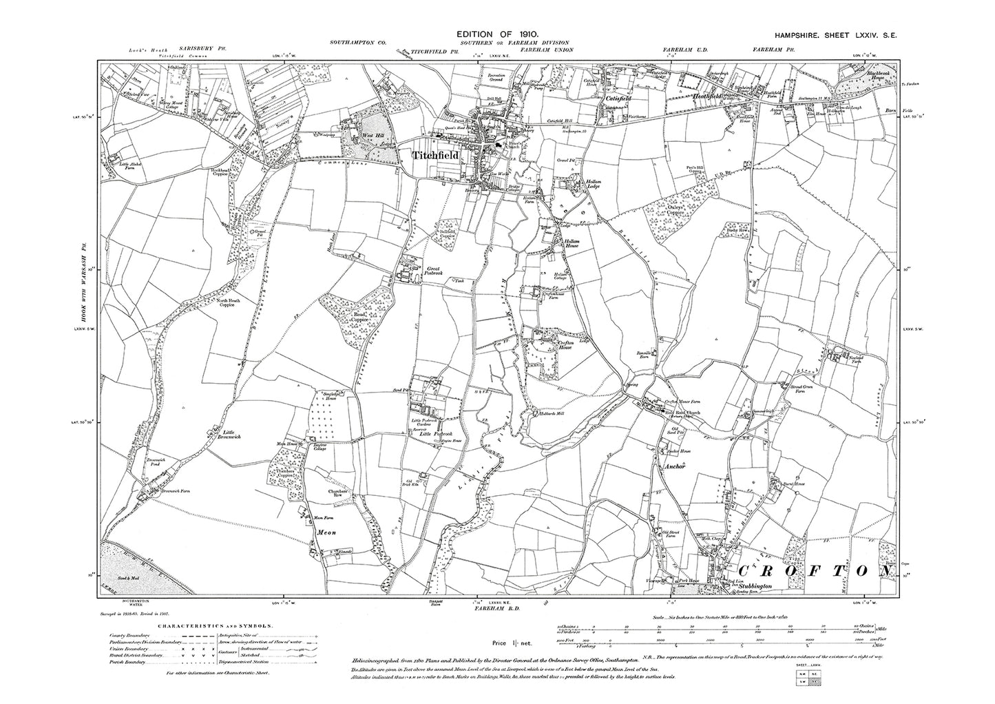 Old OS map dated 1910, showing Titchfield, Heathfield, Crofton (north) in Hampshire - 74SE