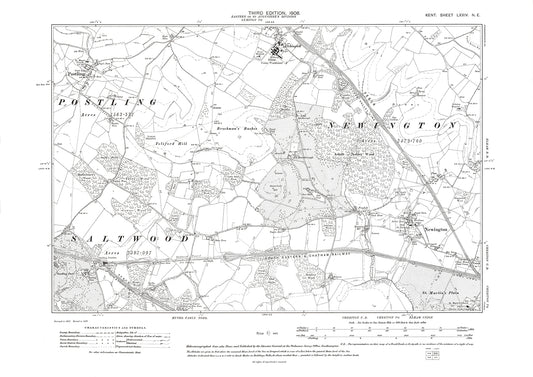 Postling, Etchinghill, Newington, old map Kent 1908: 74NE