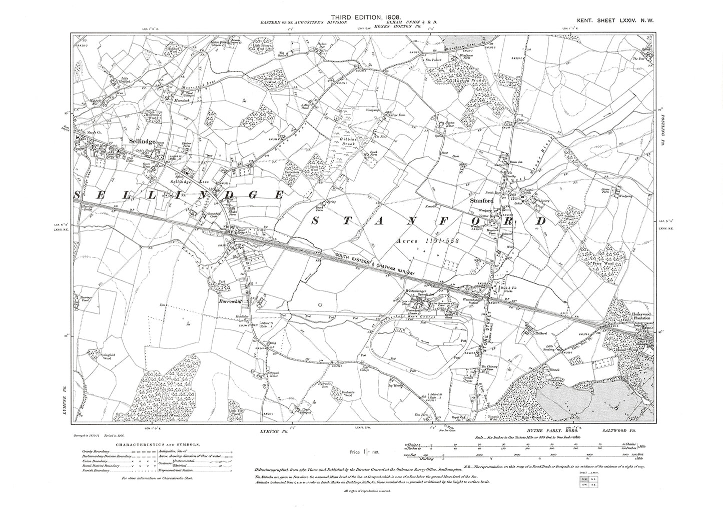 Sellindge, Stanford, Westenhanger, old map Kent 1908: 74NW