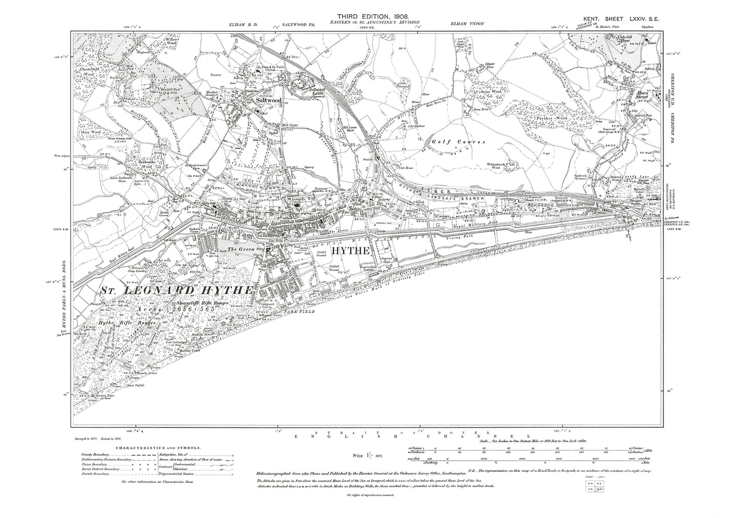 Hythe, old map Kent 1908: 74SE