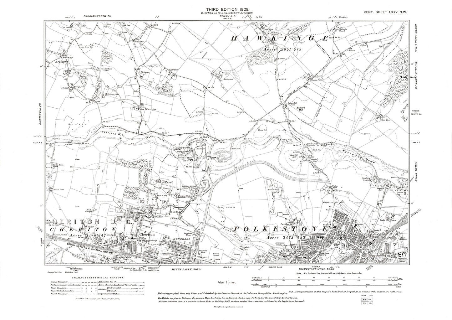 Folkestone (north), Cheriton, old map Kent 1908: 75NW