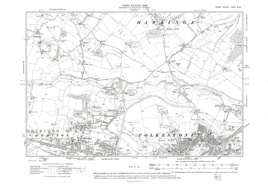 Folkestone (north), Cheriton, old map Kent 1908: 75NW