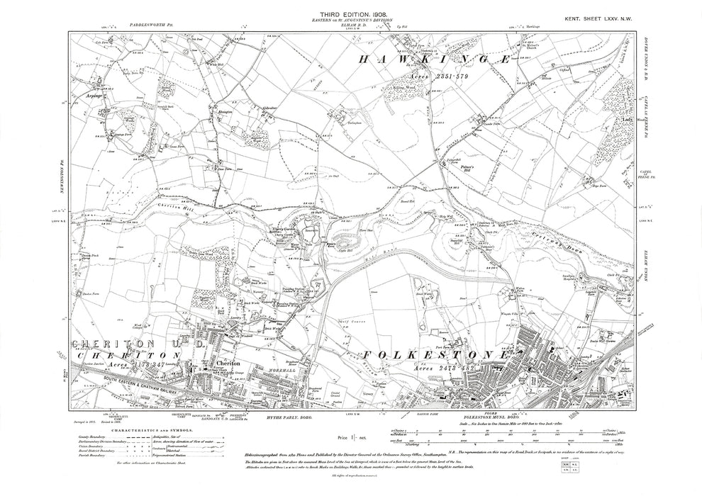 Folkestone (north), Cheriton, old map Kent 1908: 75NW – Old Map Downloads