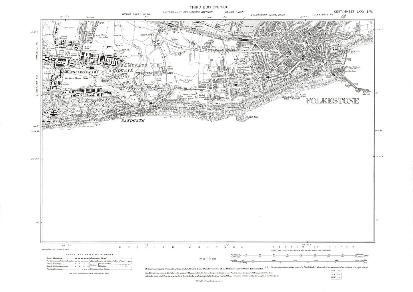 Folkestone, old map Kent 1908: 75SW