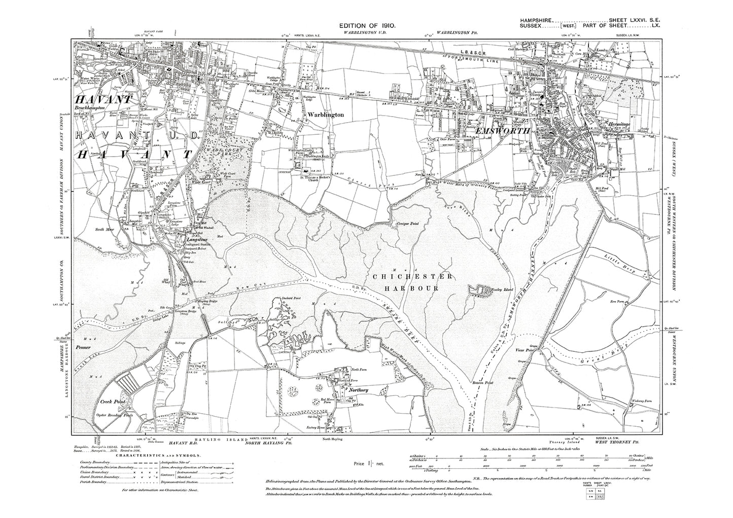 Old OS map dated 1910, showing Havant (south), Emsworth, Langstone in Hampshire - 76SE