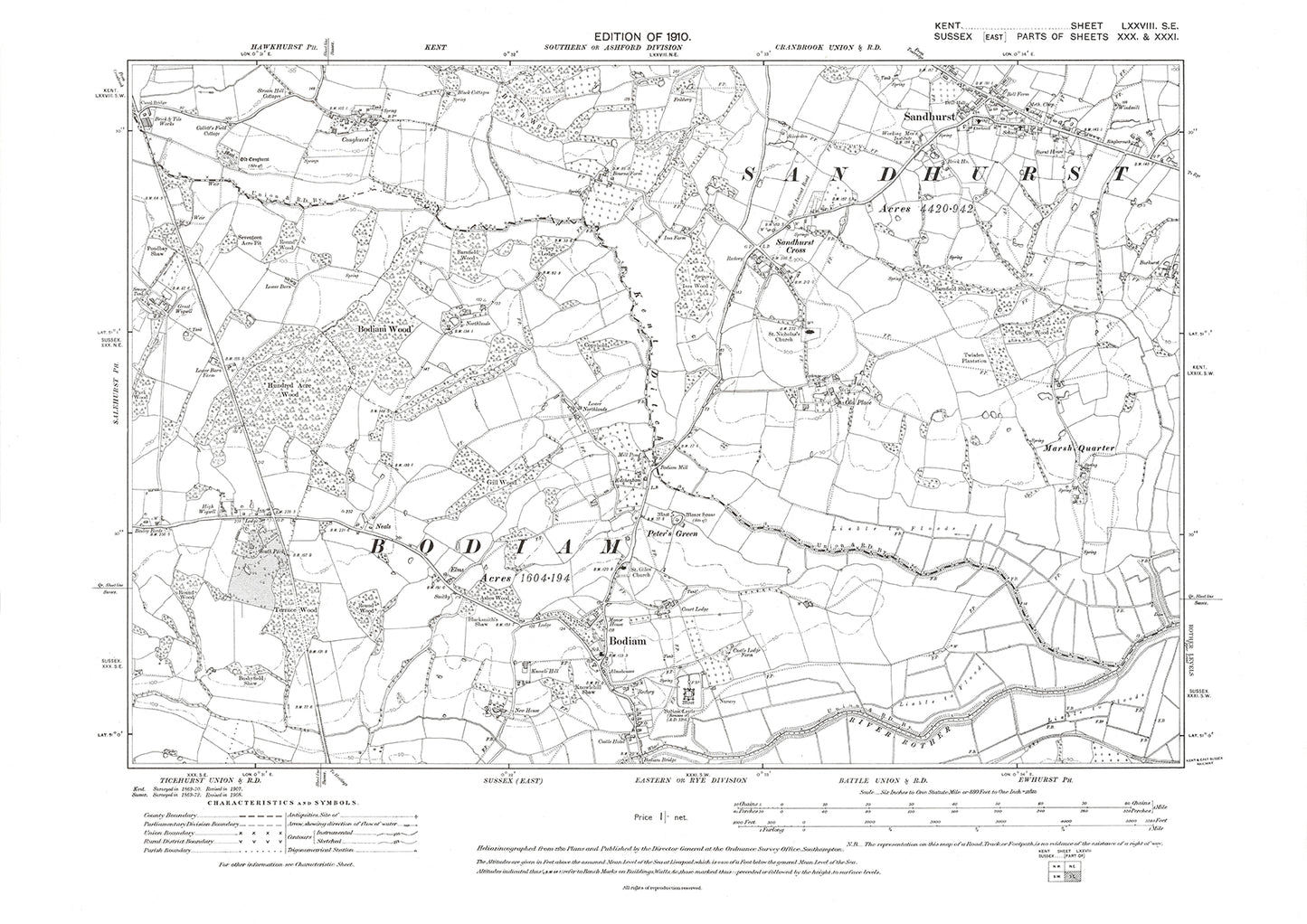 Sandhurst, old map Kent 1910: 78SE