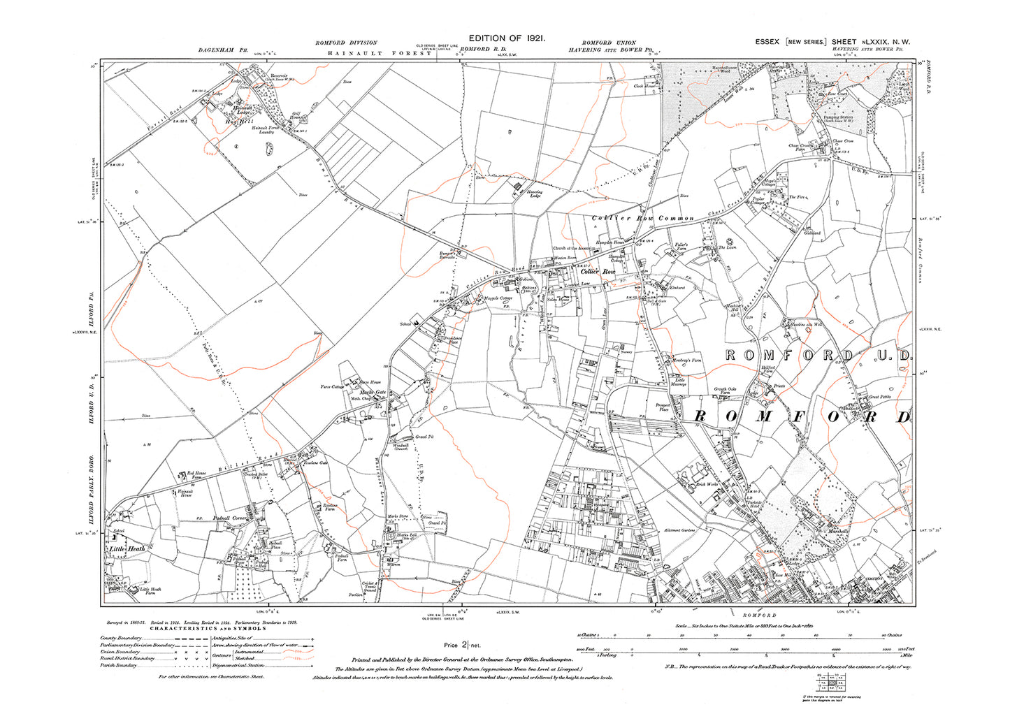 Old OS map dated 1921, showing Romford (northwest) and Collier Row in Essex - 79NW