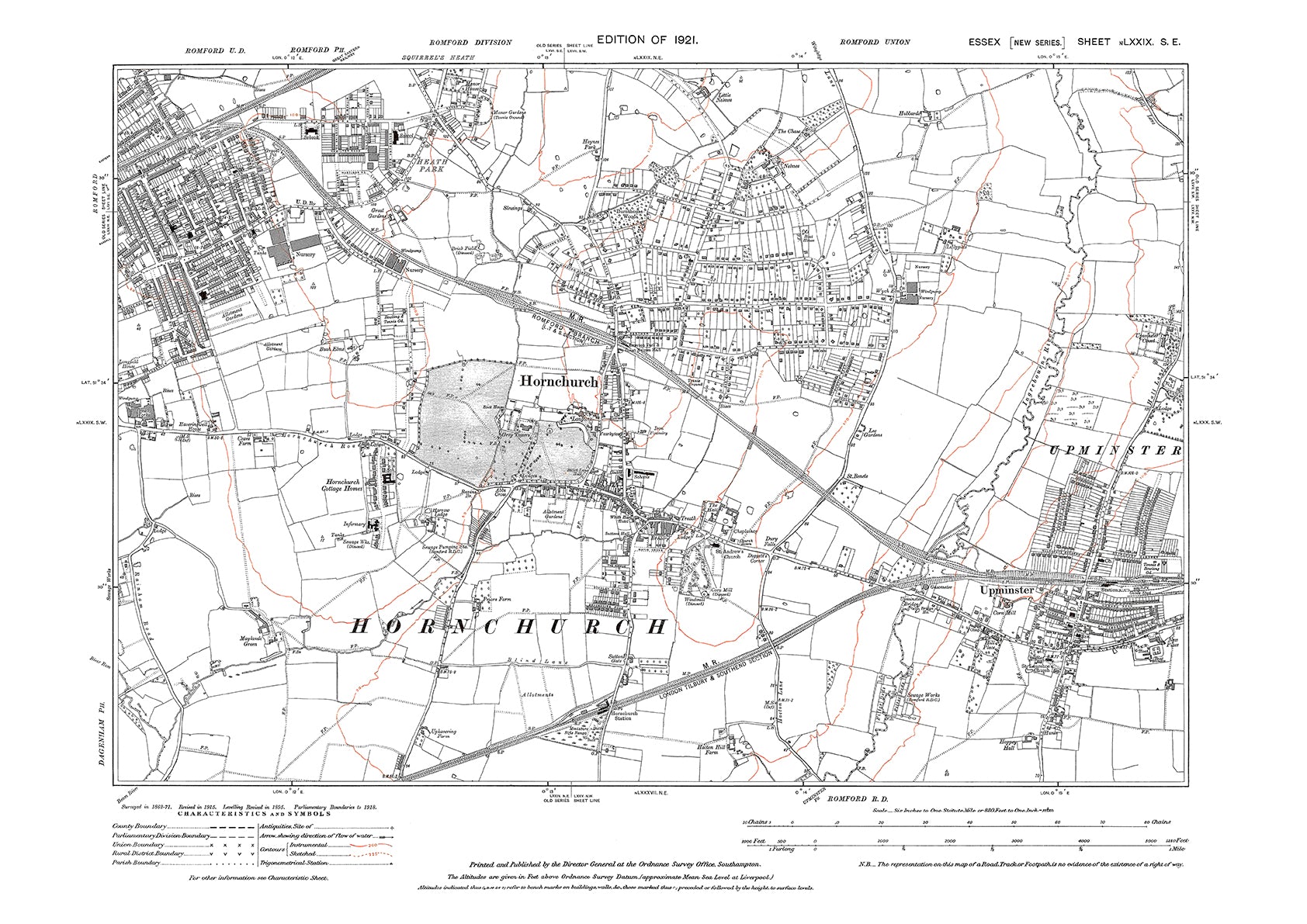 Old OS map dated 1921, showing Hornchurch, Upminster and Romford (sout ...