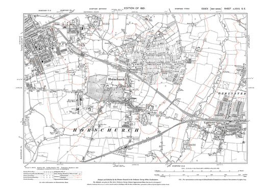 Old OS map dated 1921, showing Hornchurch, Upminster and Romford (southeast) in Essex - 79SE
