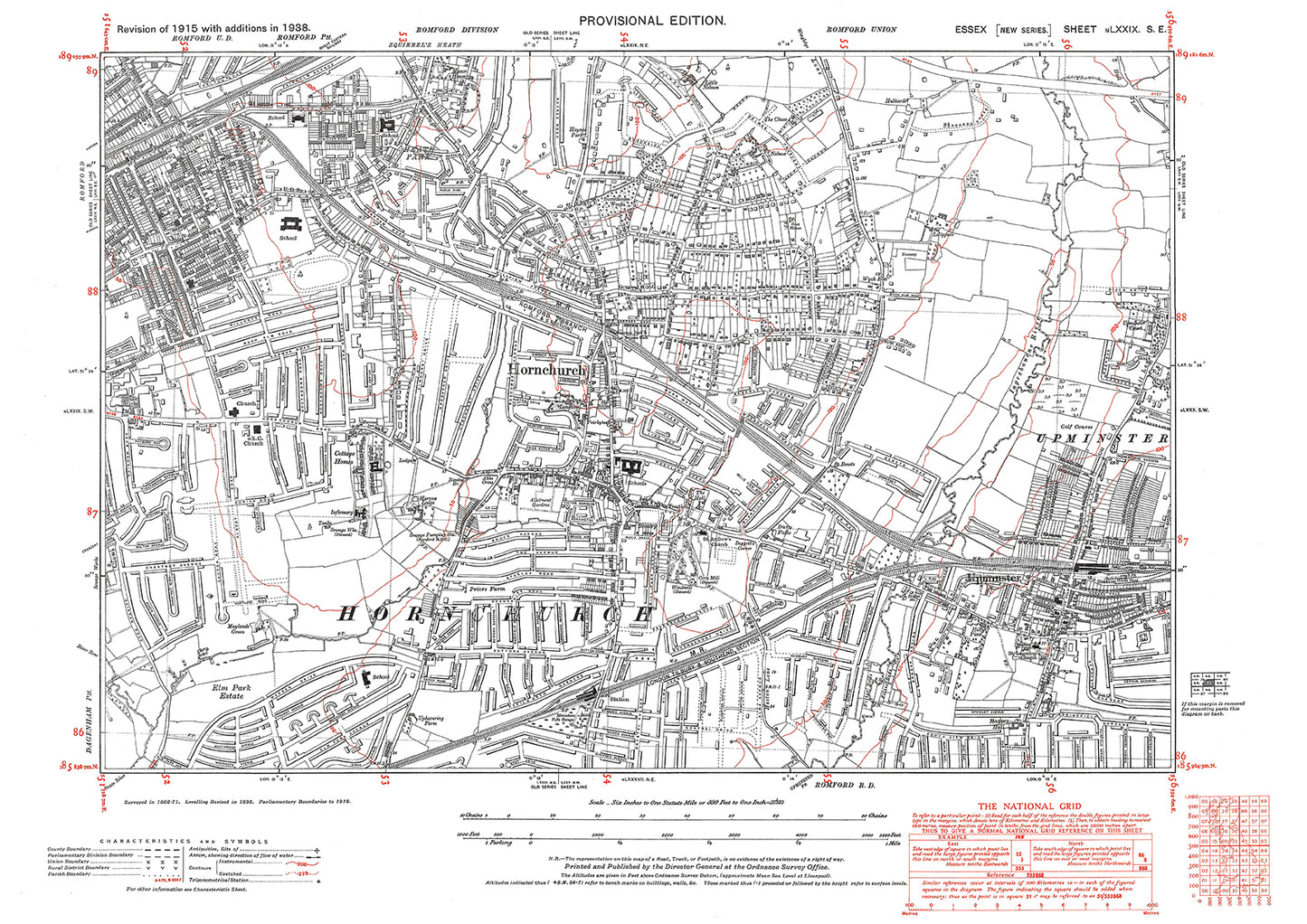 Old OS map dated 1938, showing Hornchurch, Upminster and Romford (sout ...