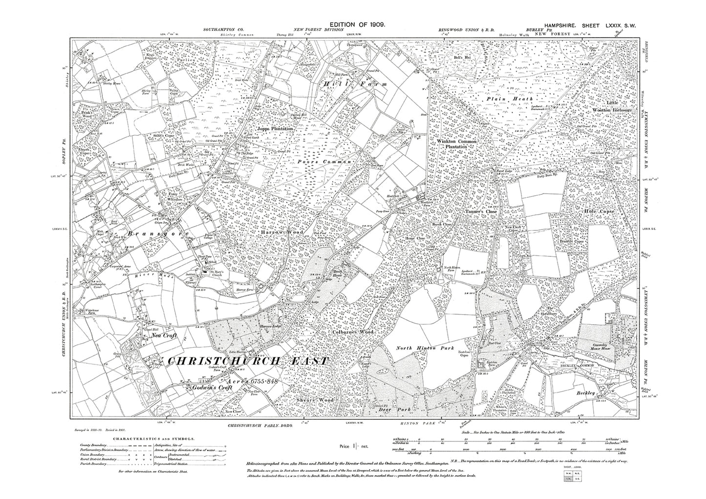 Old OS map dated 1909, showing Bransgore in Hampshire - 79SW