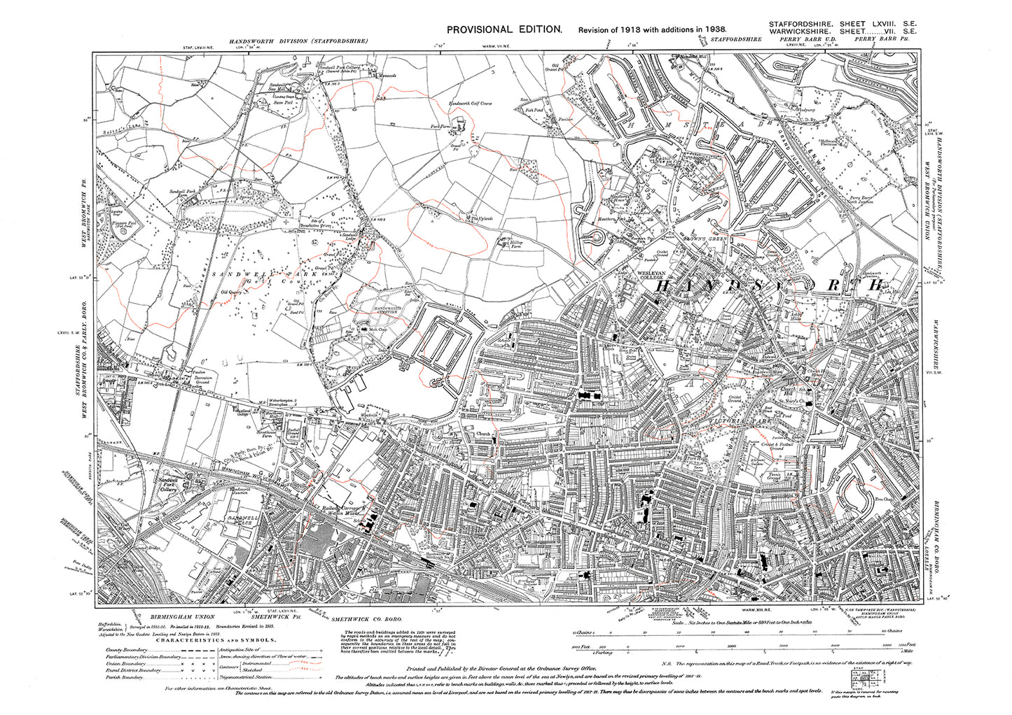 Birmingham, Handsworth, Smethwick (north), old map Warwickshire 1938: 7SE