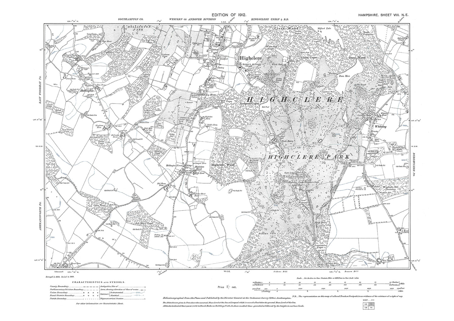 Old OS map dated 1912, showing Highclere in Hampshire - 8NE