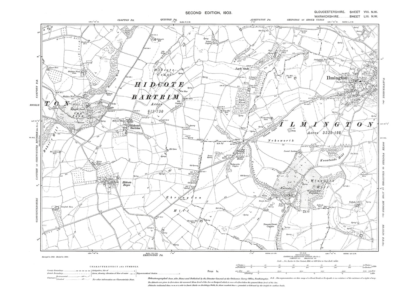 Old OS map dated 1903, showing Hidcote Bartrim, Hidcote Boyce in Gloucestershire - 8NW