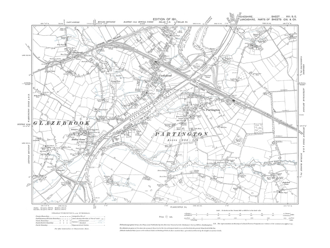 Old Os Map Dated 1911 Showing Partington In Cheshire 8se Old Map