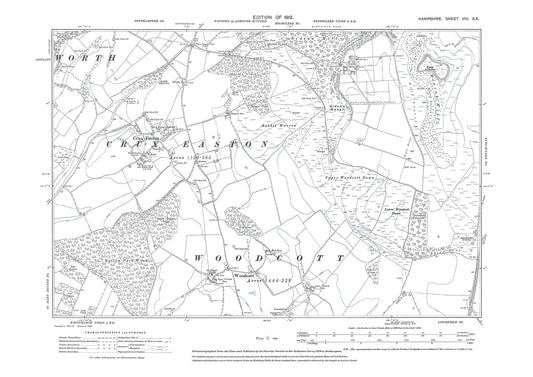 Old OS map dated 1912, showing Crux Easton, Ashmansworth (east), Woodcott in Hampshire - 8SE