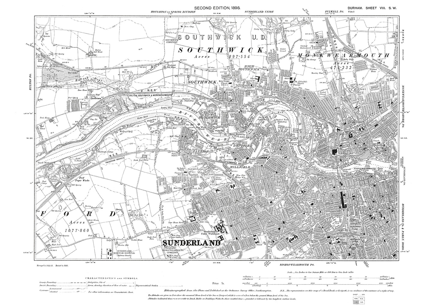 Old OS map dated 1898, showing Sunderland, Southwick and Bishopwearmouth in Durham - 8SW