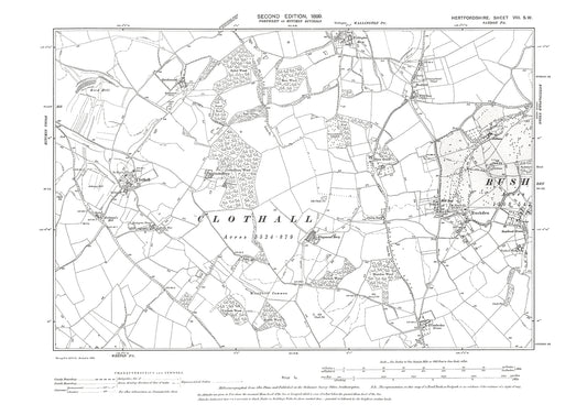 Old OS map dated 1899, showing Rushden, Clothall in Hertfordshire - 8SW