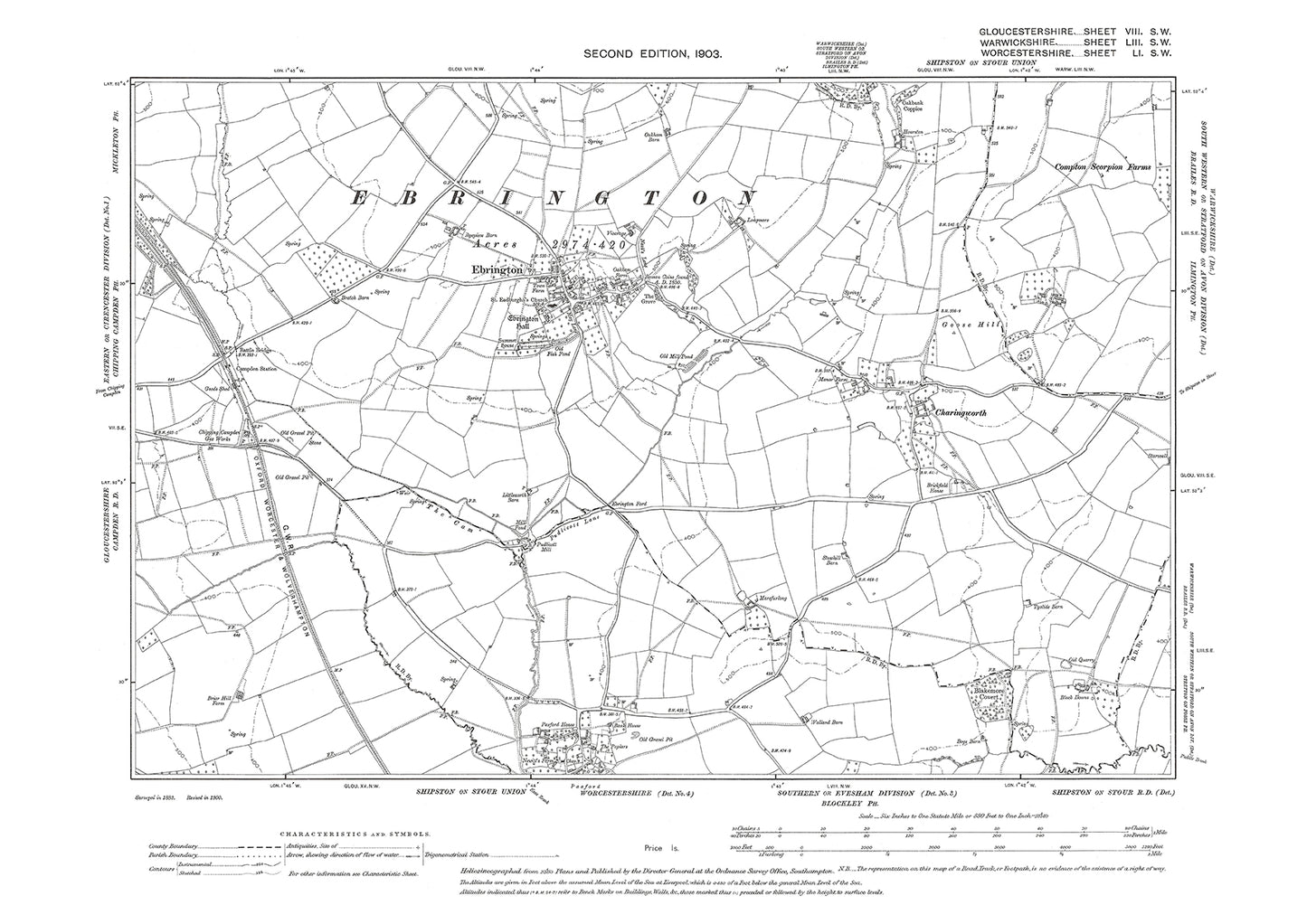Old OS map dated 1903, showing Ebrington in Gloucestershire - 8SW
