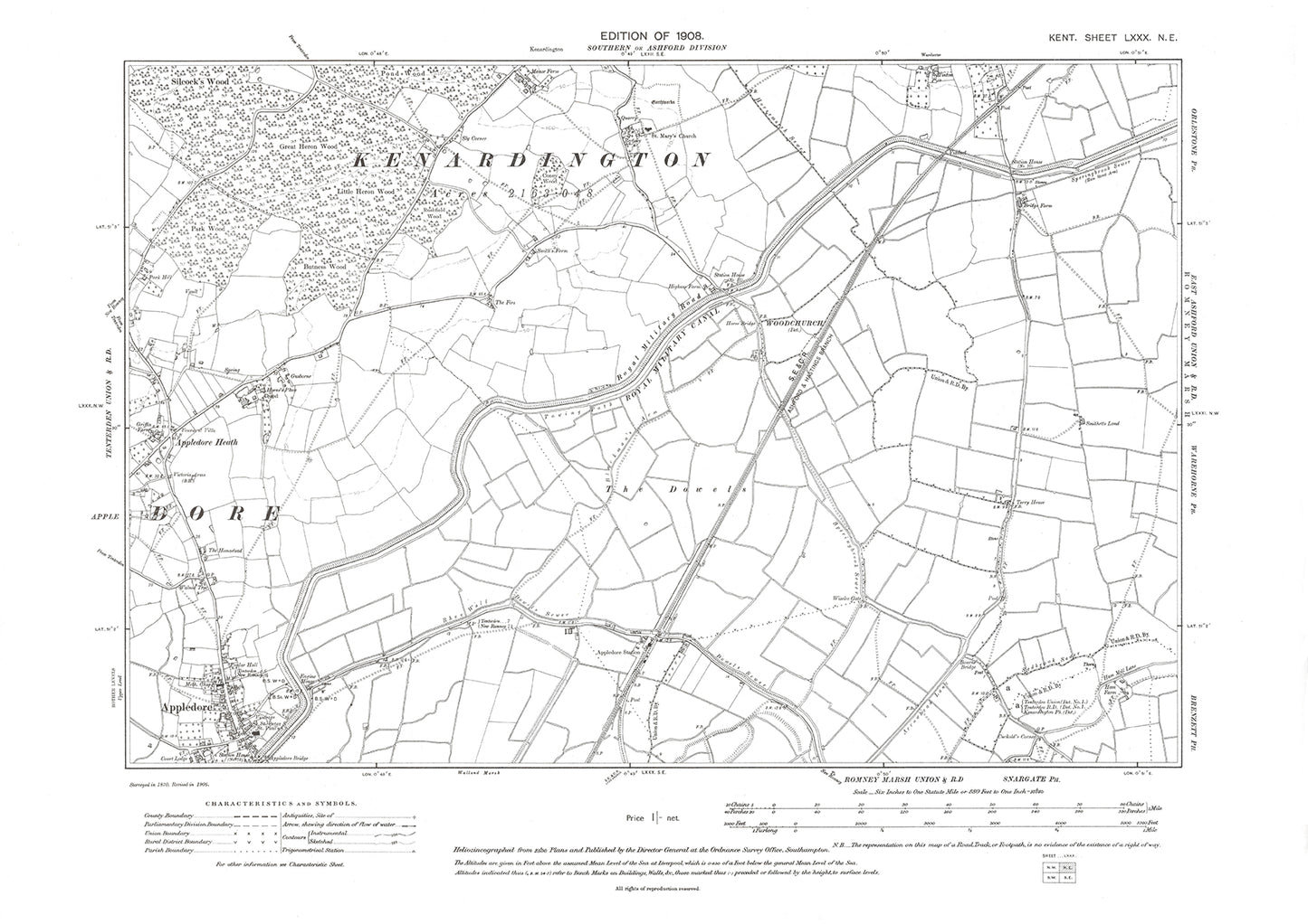 Appledore (north), Appledore Heath (east), old map Kent 1908: 80NE