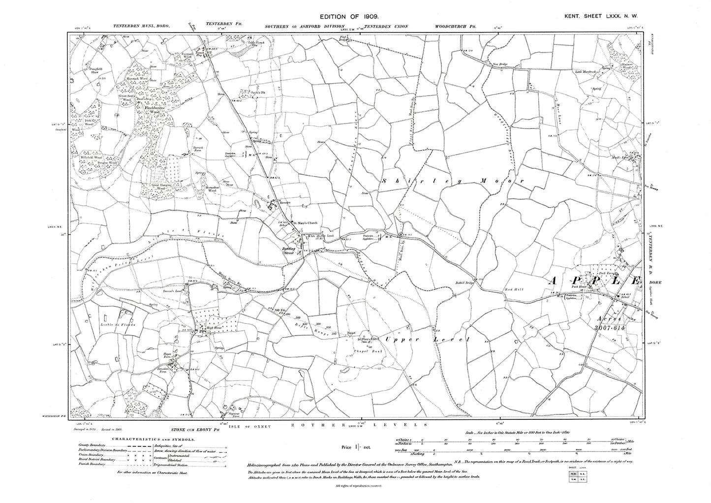 Appledore Heath (west), old map Kent 1909: 80NW