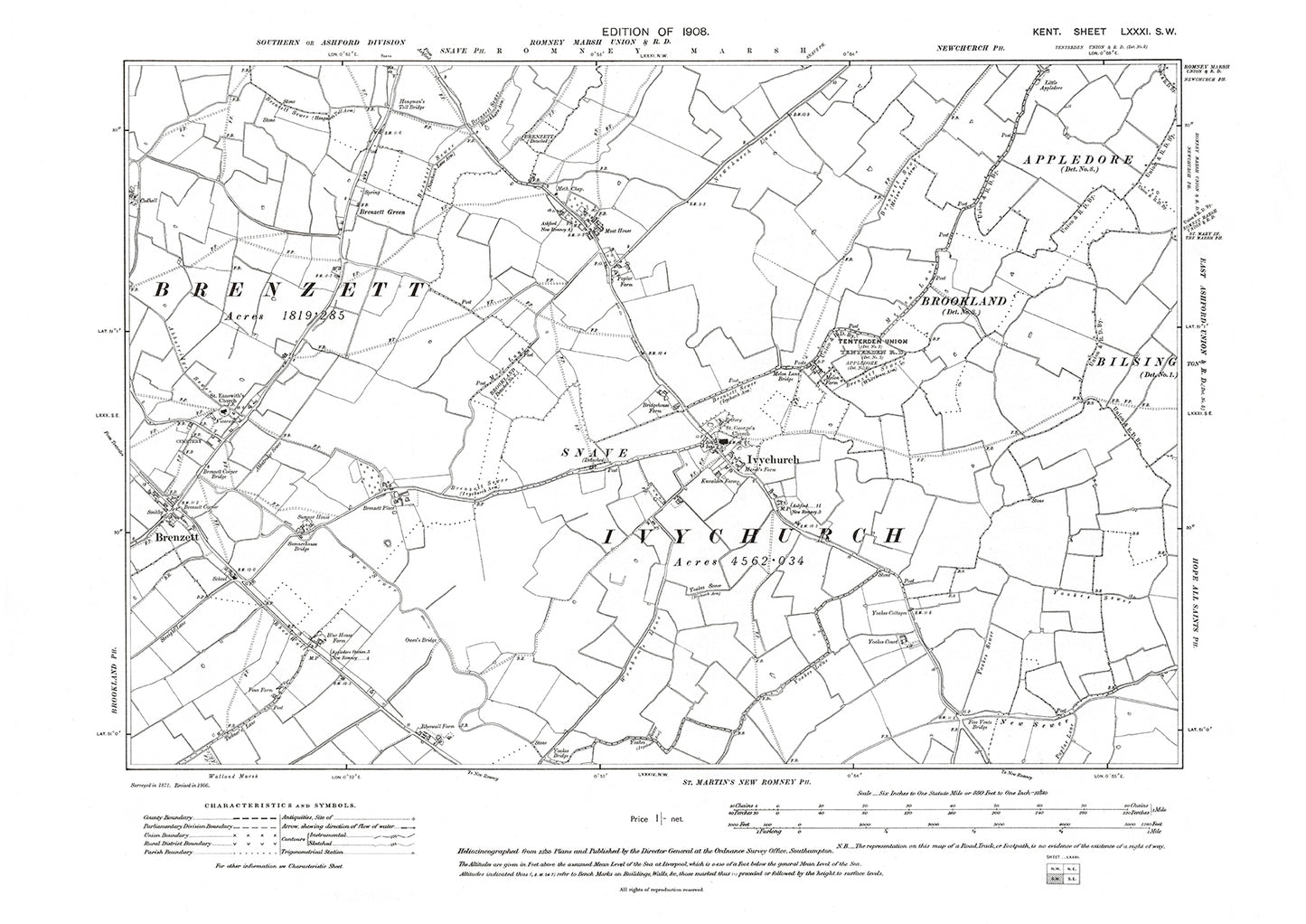 Ivychurch, Brenzett, old map Kent 1908: 81SW
