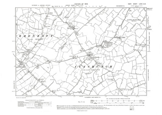 Ivychurch, Brenzett, old map Kent 1908: 81SW