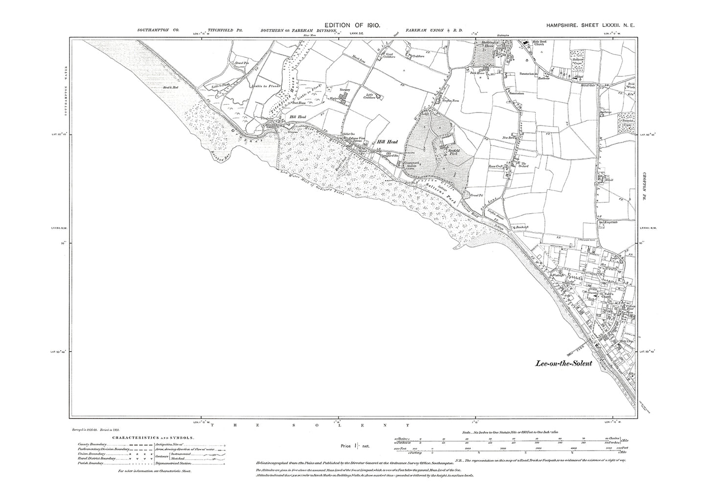 Old OS map dated 1910, showing Lee on the Solent, Hill Head in Hampshire - 82NE