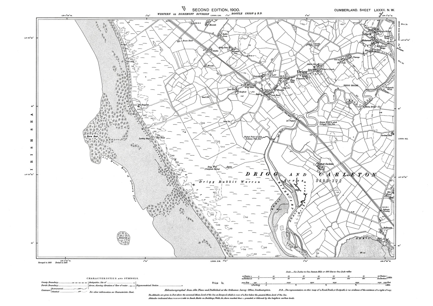 Old OS map dated 1900, showing Drigg, Holmrook in Cumberland - 82NW