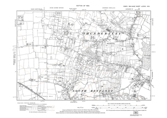 Old OS map dated 1923, showing Thundersley, Hadleigh (west) and South Benfleet (north) in Essex - 82SW