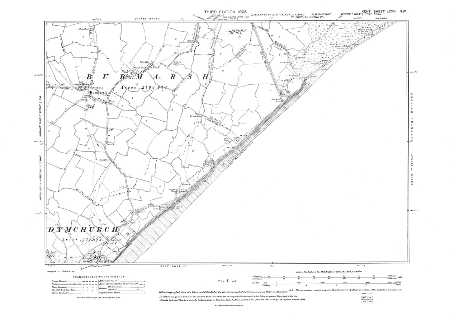 Burmarsh, Dymchurch (north), old map Kent 1908: 82NW