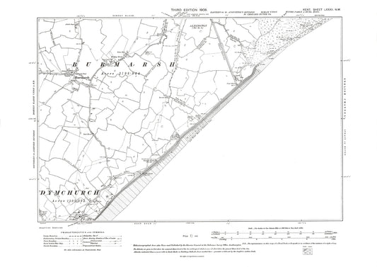 Burmarsh, Dymchurch (north), old map Kent 1908: 82NW