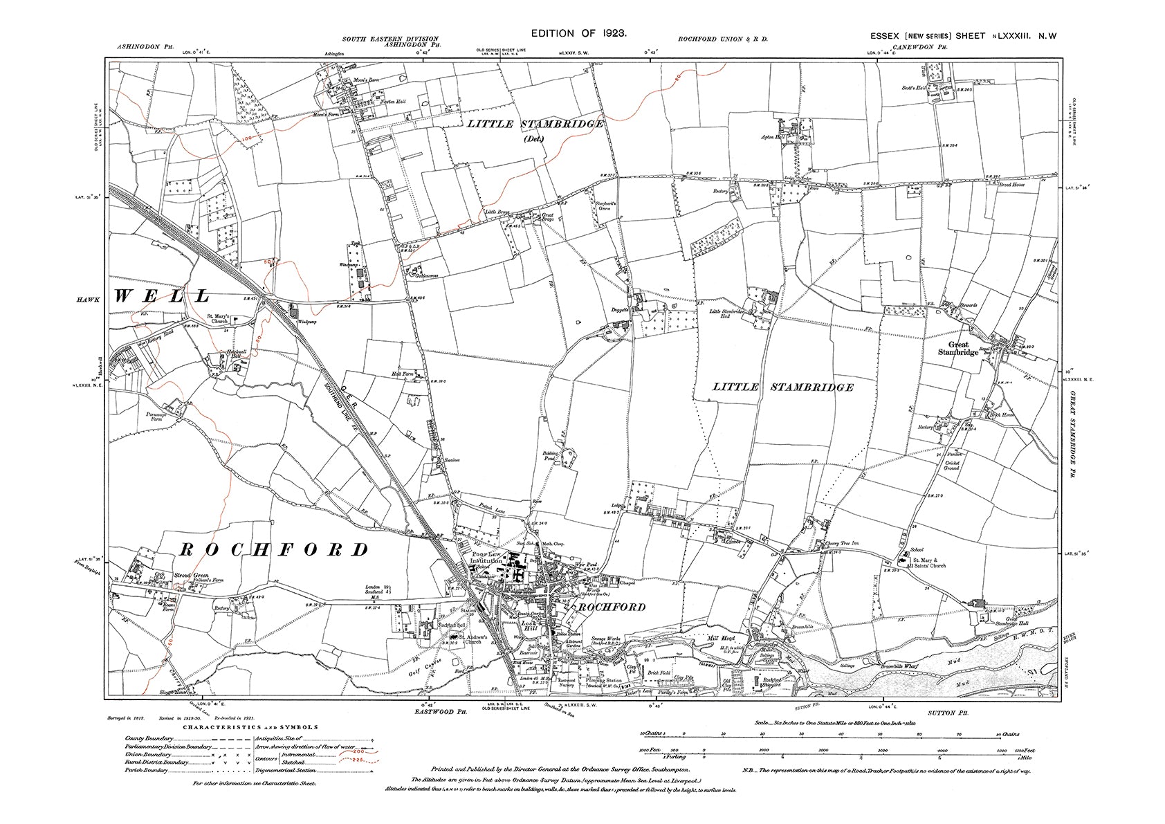 Old OS map dated 1923, showing Rochford, Great Stambridge, Ashingdon ...