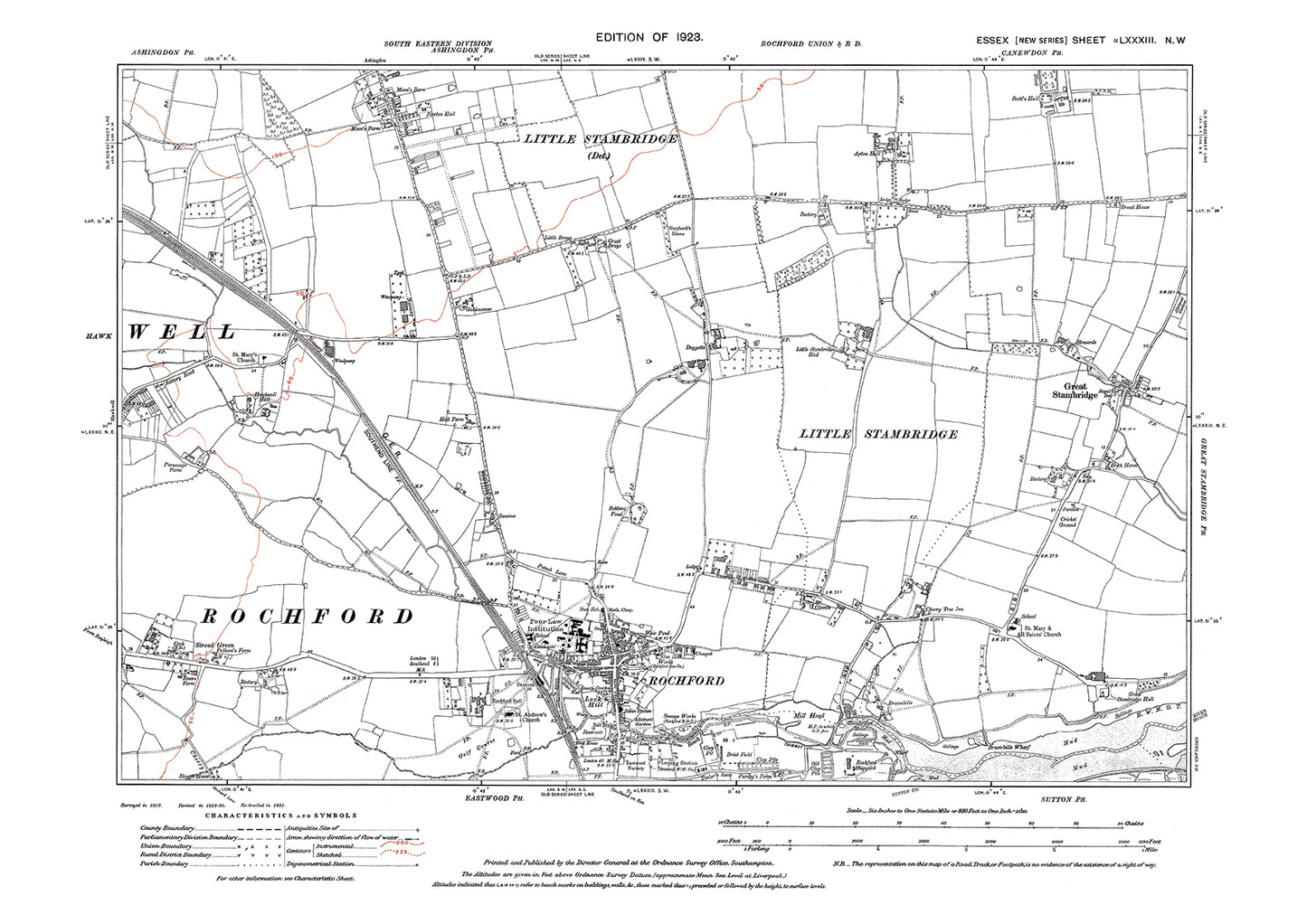 Old OS map dated 1923, showing Rochford, Great Stambridge, Ashingdon (south) and Hawkwell (east) in Essex - 83NW