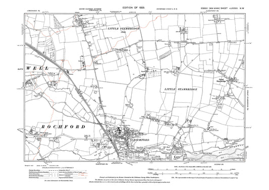 Old OS map dated 1923, showing Rochford, Great Stambridge, Ashingdon (south) and Hawkwell (east) in Essex - 83NW