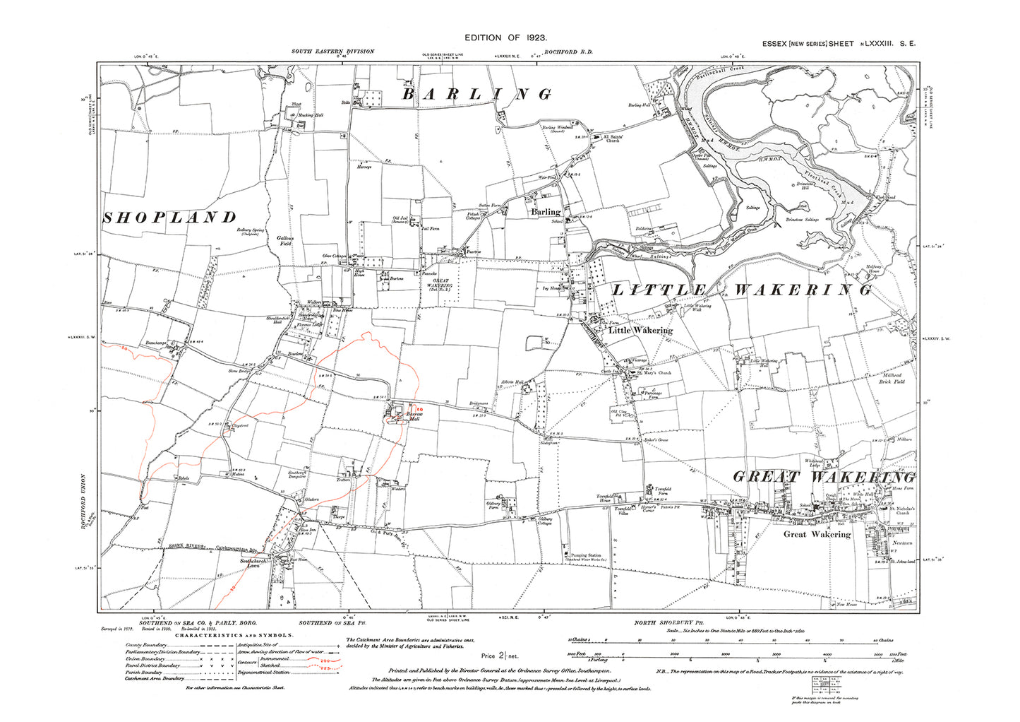 Old OS map dated 1923, showing Great Wakering and Little Wakering in Essex - 83SE