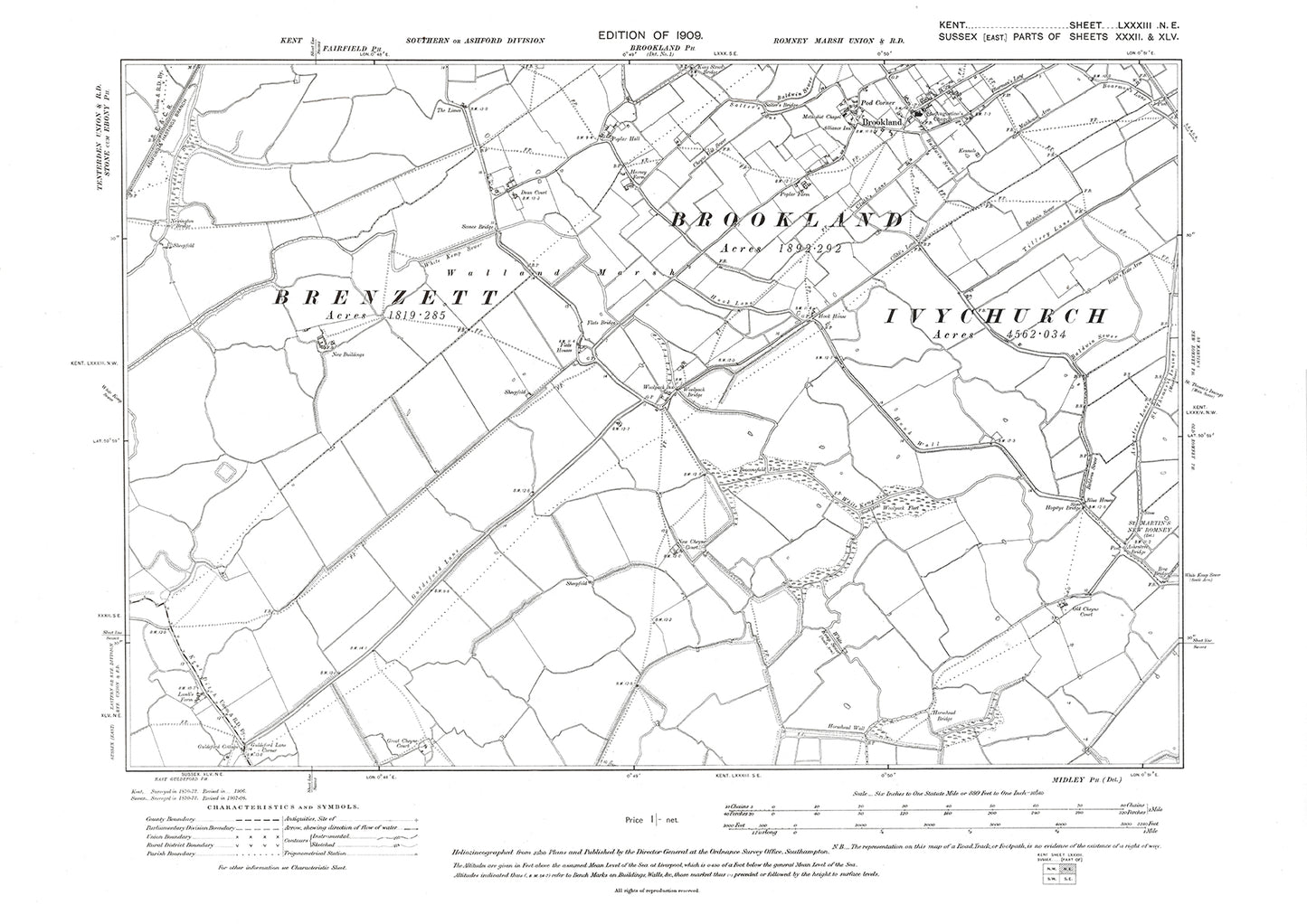 Brookland Ivychurch Brenzett, old map Kent 1909: 83NE