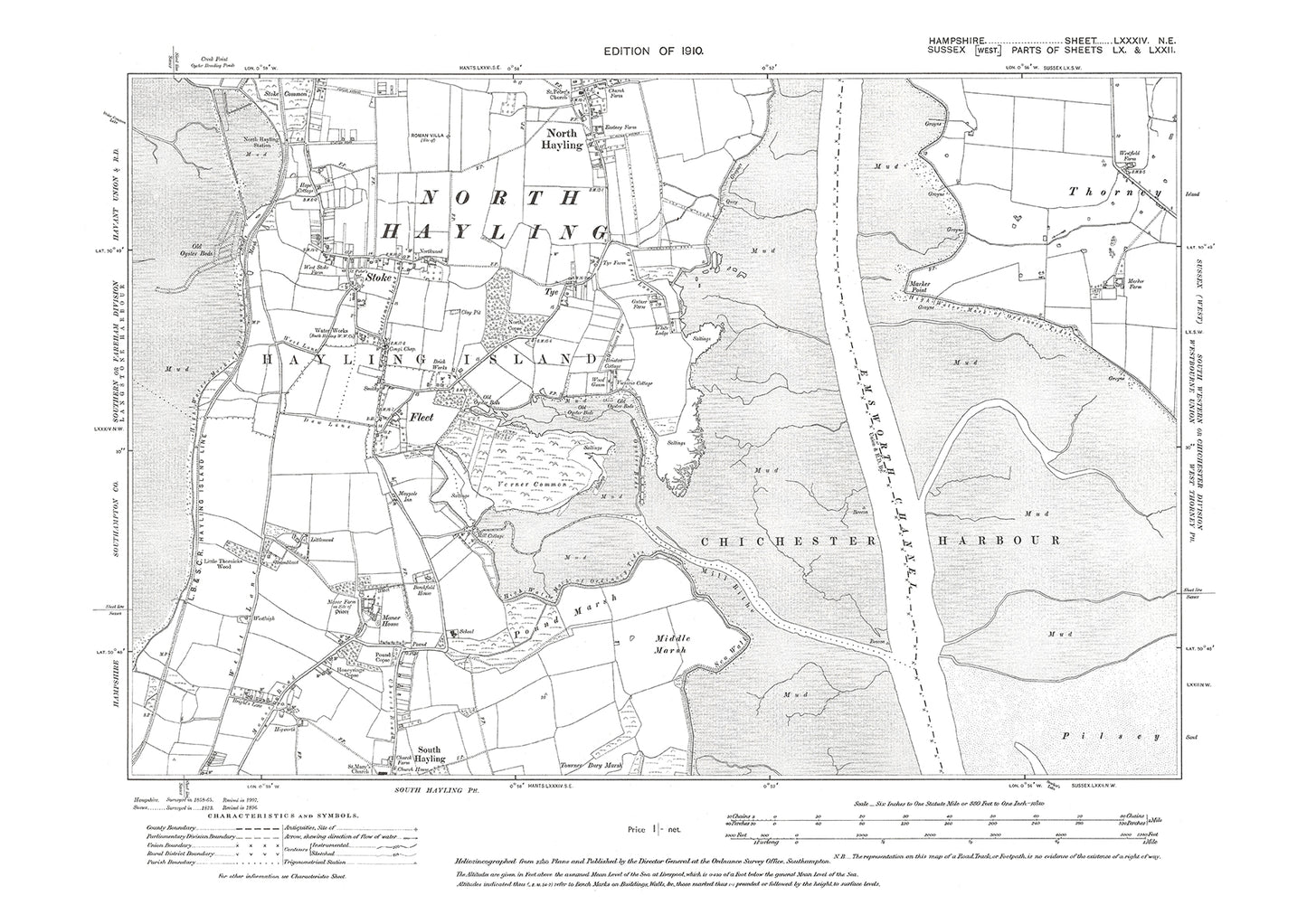 Old OS map dated 1910, showing Stoke, Fleet, South Hayling, North Hayling in Hampshire - 84NE