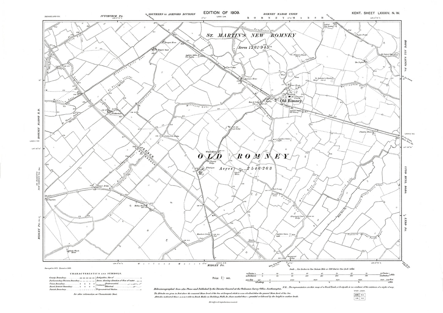 Old Romney, old map Kent 1909: 84NW