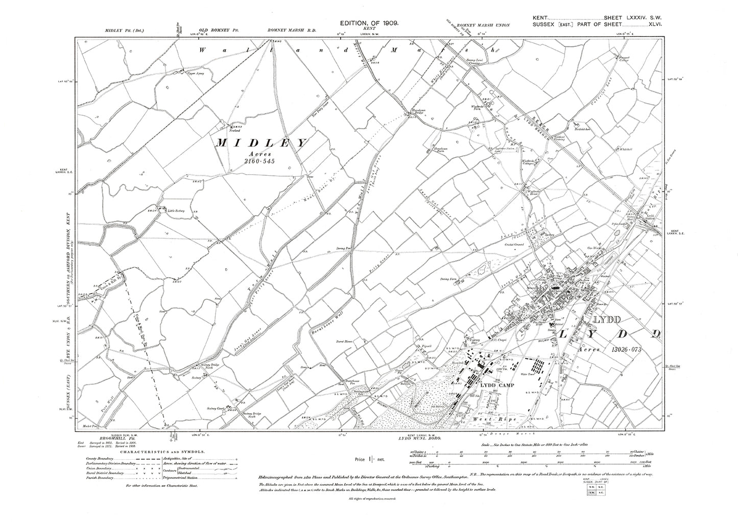 Lydd, old map Kent 1909: 84SW