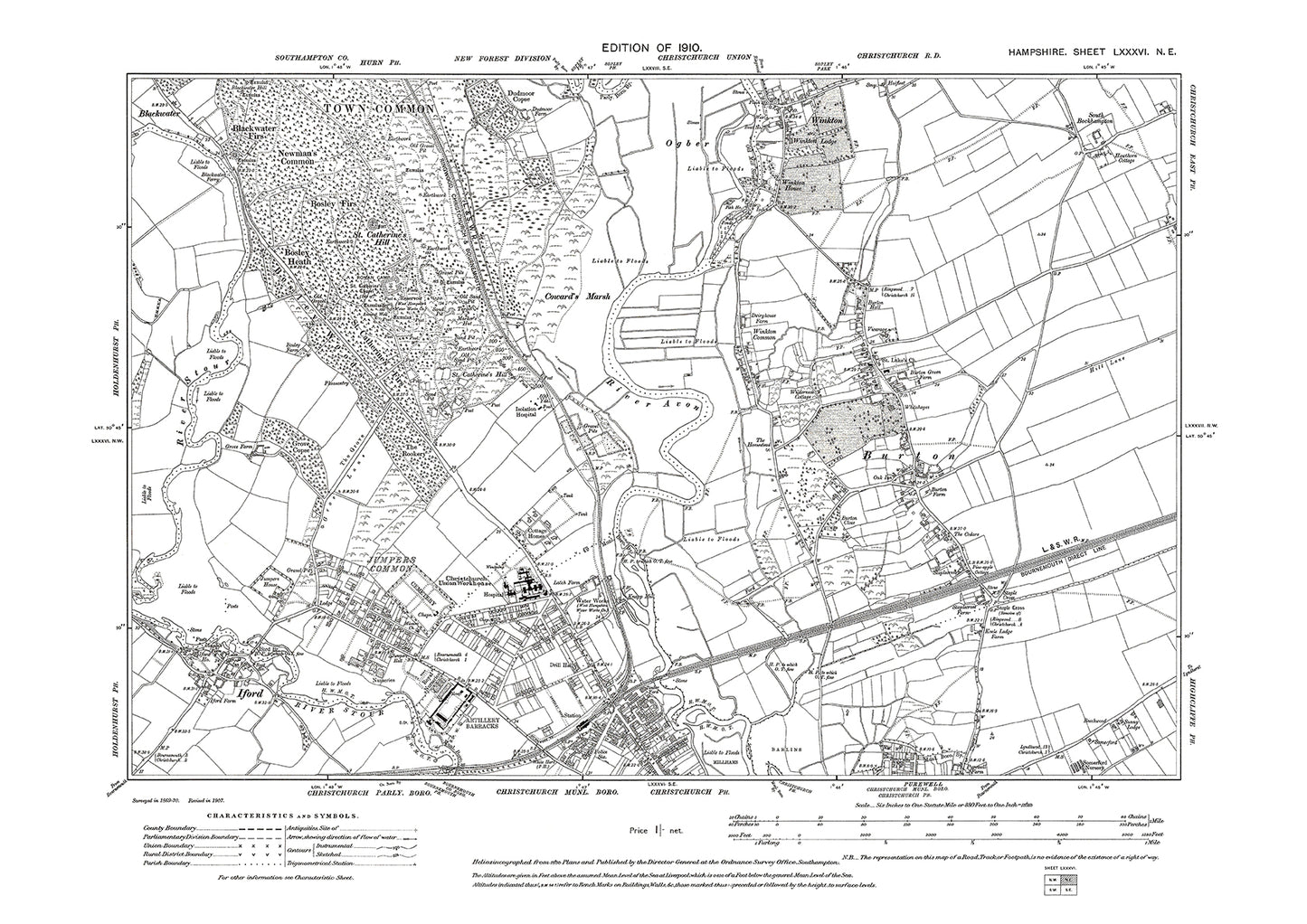 Old OS map dated 1910, showing Winkton, Burton, Christchurch, Iford in Hampshire - 86NE