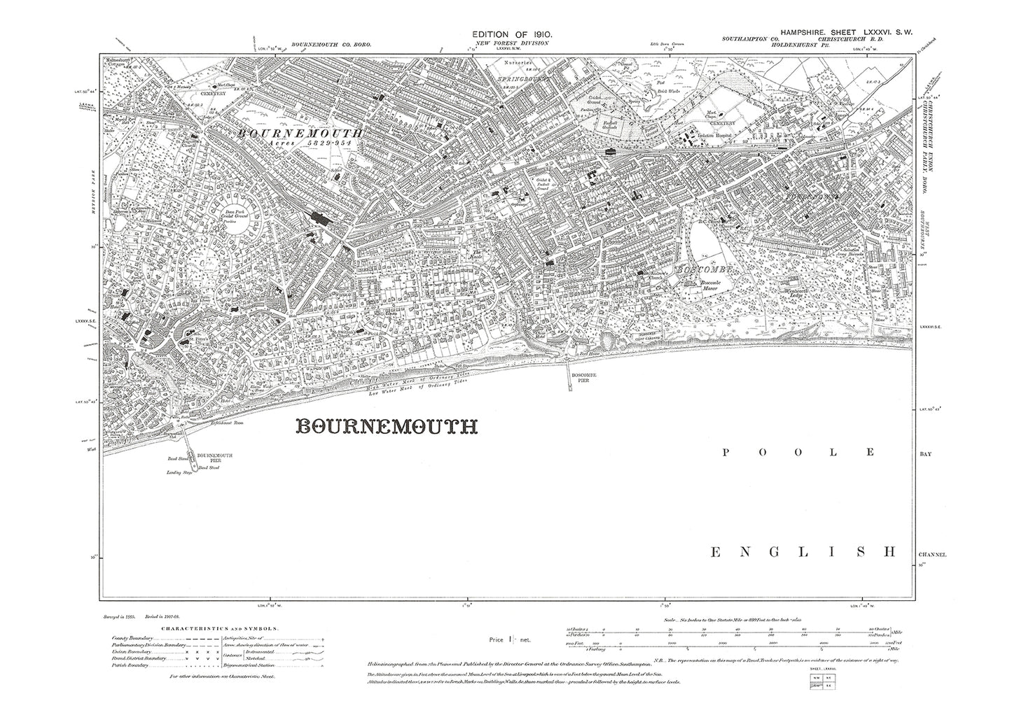 Old OS map dated 1910, showing Winkton, Burton, Christchurch, Iford in Hampshire - 86SW