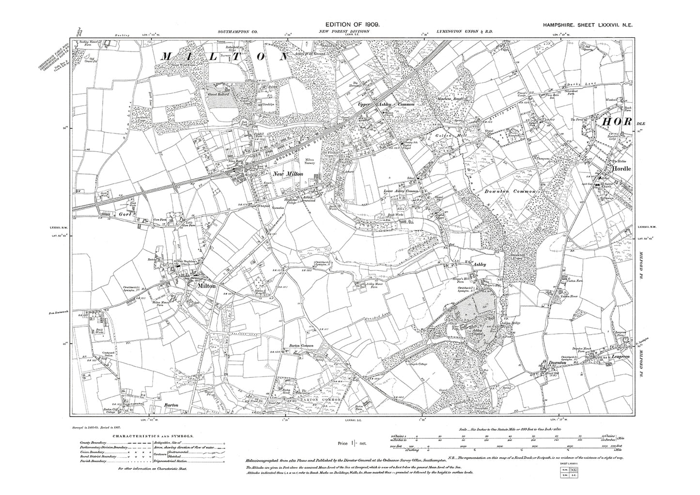 Old OS map dated 1910, showing New Milton, Hordle, Milton in Hampshire - 87NE