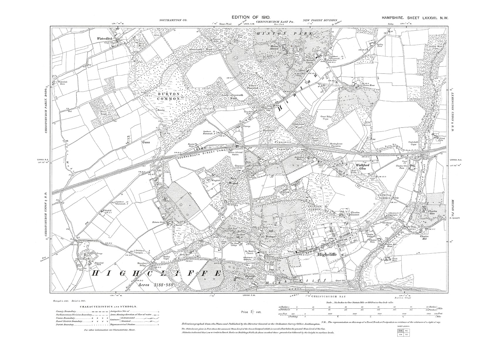 Old OS map dated 1910, showing Hilton, Highcliffe in Hampshire - 87NW ...