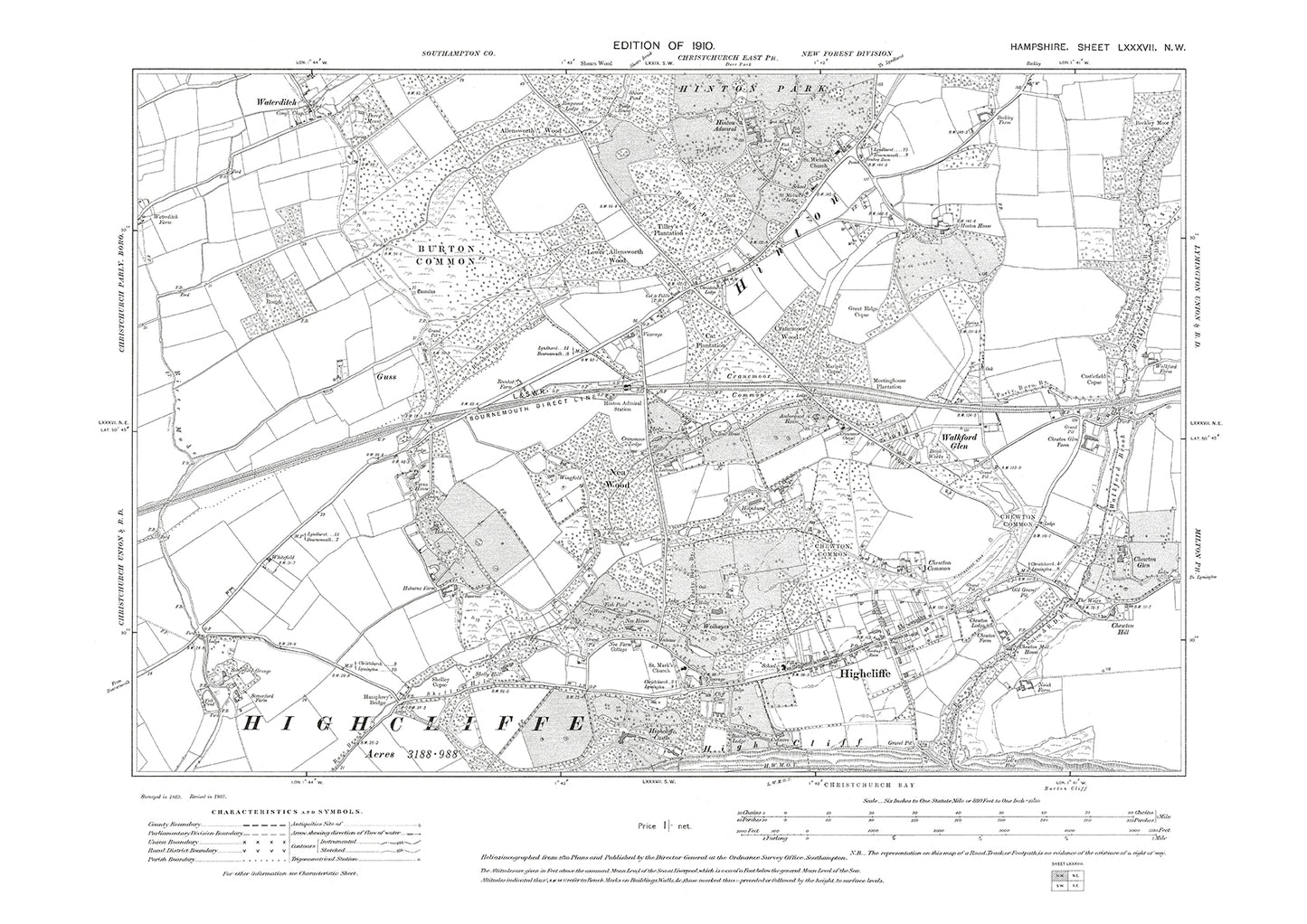 Old OS map dated 1910, showing Hilton, Highcliffe in Hampshire - 87NW