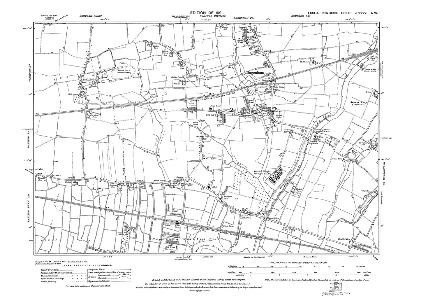 Old OS map dated 1921, showing Dagenham in Essex - 87NW