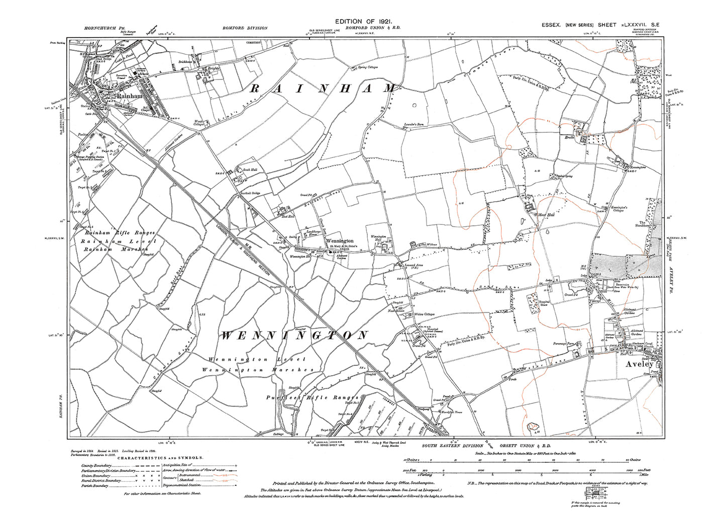 Old OS map dated 1921, showing Rainham, Wennington and Aveley (west) in Essex - 87SE